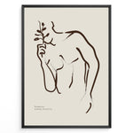 Load image into Gallery viewer, Framed “Fleur Sauvage No.19” poster with minimalist brown wildflower line art on a taupe background, from the Jardin Minimalist Collection.
