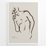 Load image into Gallery viewer, Framed “Fleur Sauvage No.19” poster with minimalist brown wildflower line art on a taupe background, from the Jardin Minimalist Collection.
