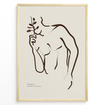 Load image into Gallery viewer, Framed “Fleur Sauvage No.19” poster with minimalist brown wildflower line art on a taupe background, from the Jardin Minimalist Collection.
