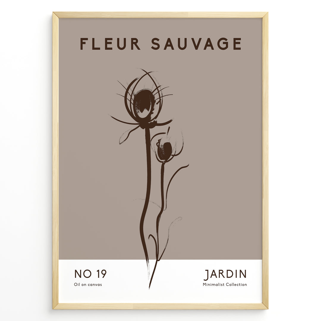 Framed “Fleur Sauvage No.19” poster with minimalist brown wildflower line art on a taupe background, from the Jardin Minimalist Collection.