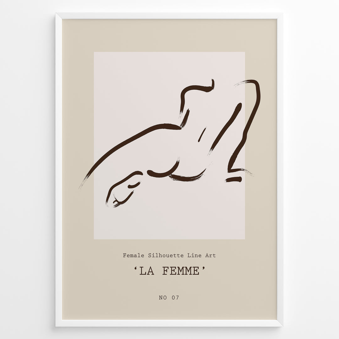Framed “La Femme No.07” poster with minimalist brown line art of a reclining female silhouette on a beige and blush background.