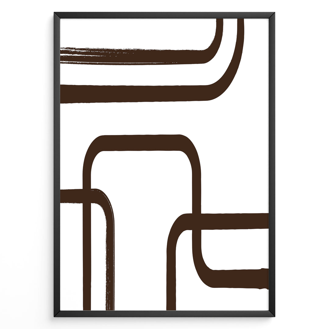 Framed geometric abstract poster with bold brown curved lines on a white background in a minimalist modern style.