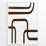 Load image into Gallery viewer, Framed geometric abstract poster with bold brown curved lines on a white background in a minimalist modern style.
