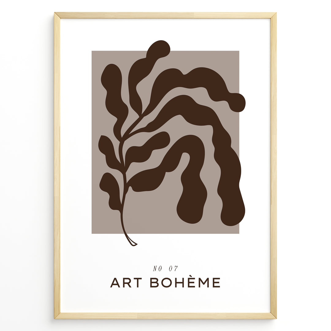 Framed “Art Bohème No.07” poster featuring abstract brown botanical shapes on a taupe background in a minimalist modern style.