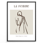 Load image into Gallery viewer, Framed “La Femme No.1” poster with minimalist brown line art of a woman’s back draped in fabric on a beige background.

