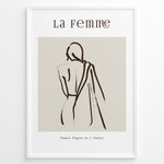 Load image into Gallery viewer, Framed “La Femme No.1” poster with minimalist brown line art of a woman’s back draped in fabric on a beige background.
