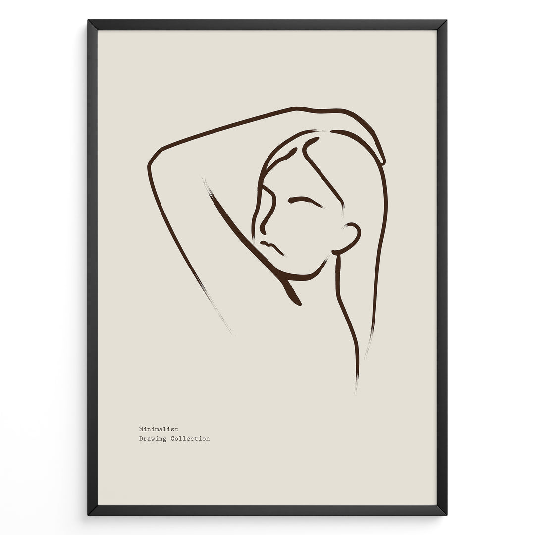 Framed minimalist poster with elegant brown line art of a woman’s face and raised arm on a beige background.
