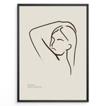 Load image into Gallery viewer, Framed minimalist poster with elegant brown line art of a woman’s face and raised arm on a beige background.
