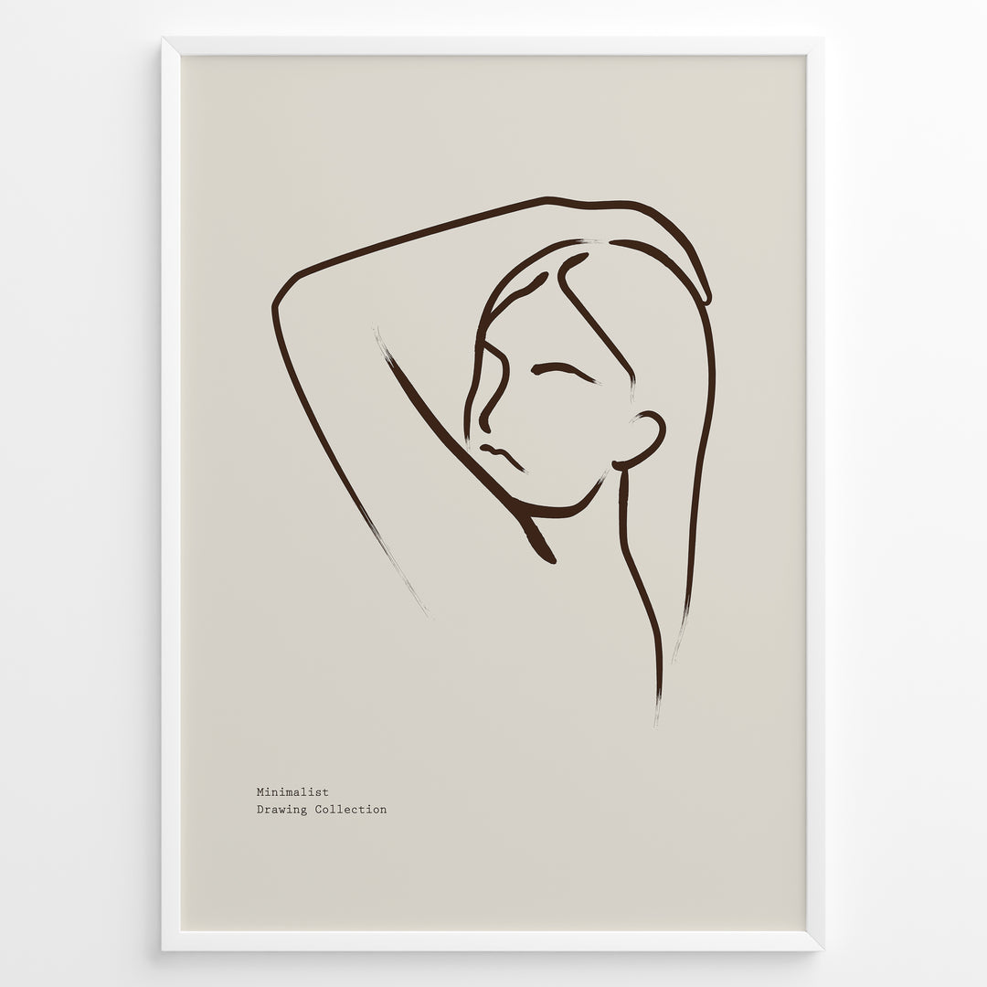 Framed minimalist poster with elegant brown line art of a woman’s face and raised arm on a beige background.