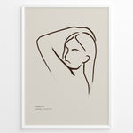 Load image into Gallery viewer, Framed minimalist poster with elegant brown line art of a woman’s face and raised arm on a beige background.

