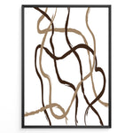 Load image into Gallery viewer, Framed abstract poster with brown and beige curved brushstroke lines on a white background in a minimalist modern design.
