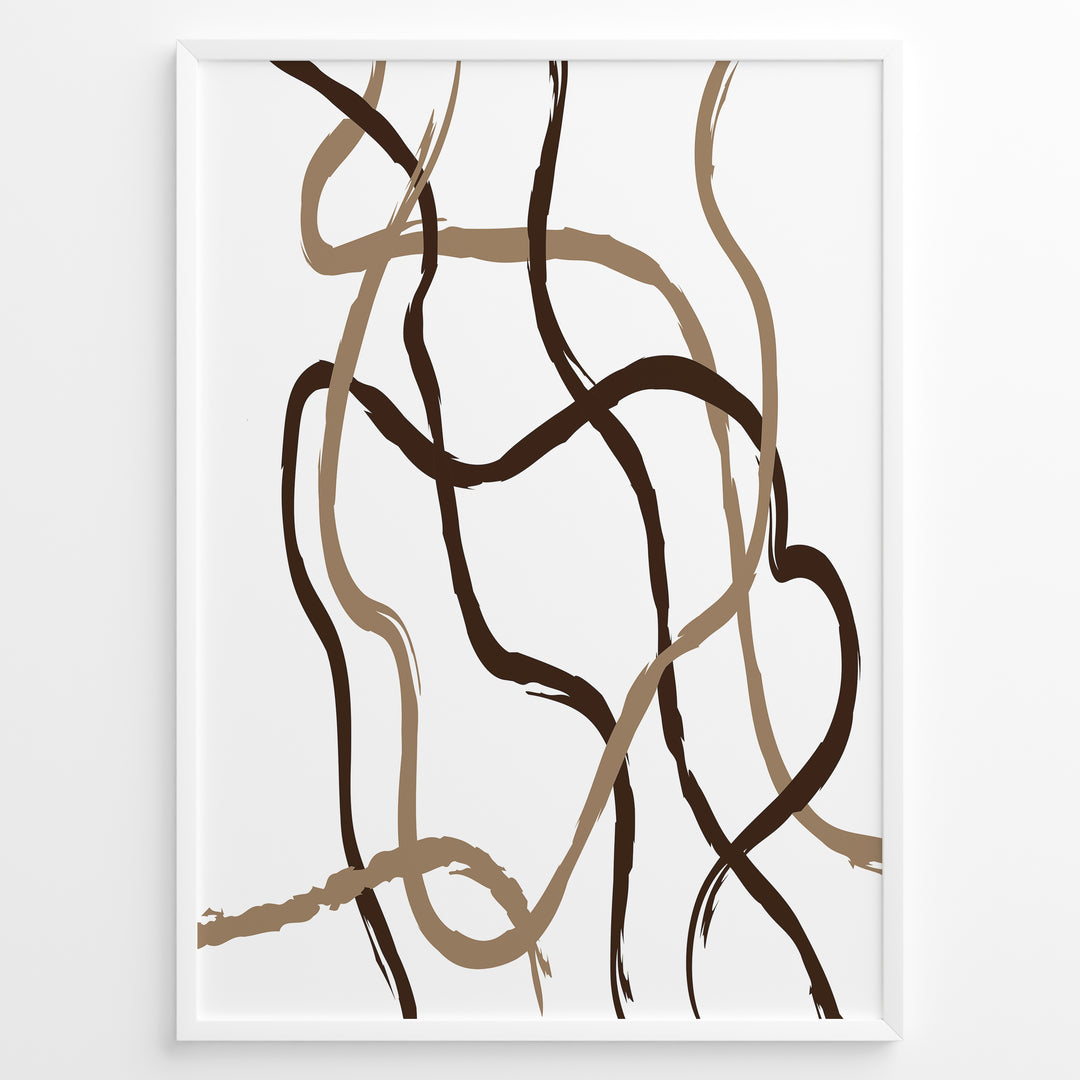 Framed abstract poster with brown and beige curved brushstroke lines on a white background in a minimalist modern design.