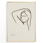 Load image into Gallery viewer, Framed minimalist poster with elegant brown line art of a woman’s face and raised arm on a beige background.
