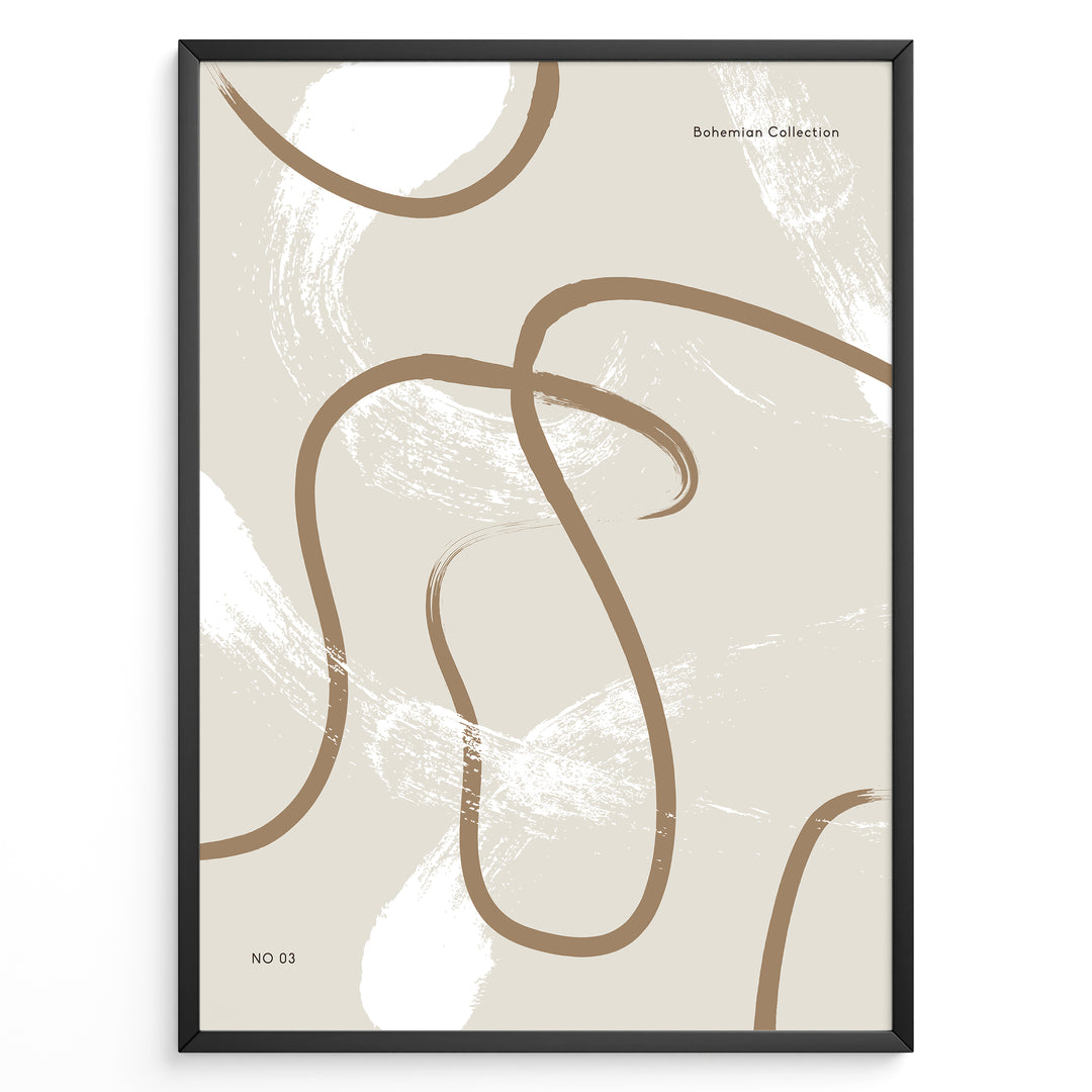 Framed abstract bohemian poster with beige background and smooth brown curved lines with white brush texture, minimalist wall art.