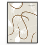 Load image into Gallery viewer, Framed abstract bohemian poster with beige background and smooth brown curved lines with white brush texture, minimalist wall art.
