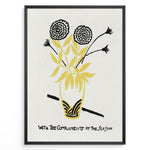 Load image into Gallery viewer, Framed vintage floral poster with black and yellow flowers in a vase and handwritten text reading “With the Compliments of the Season.”
