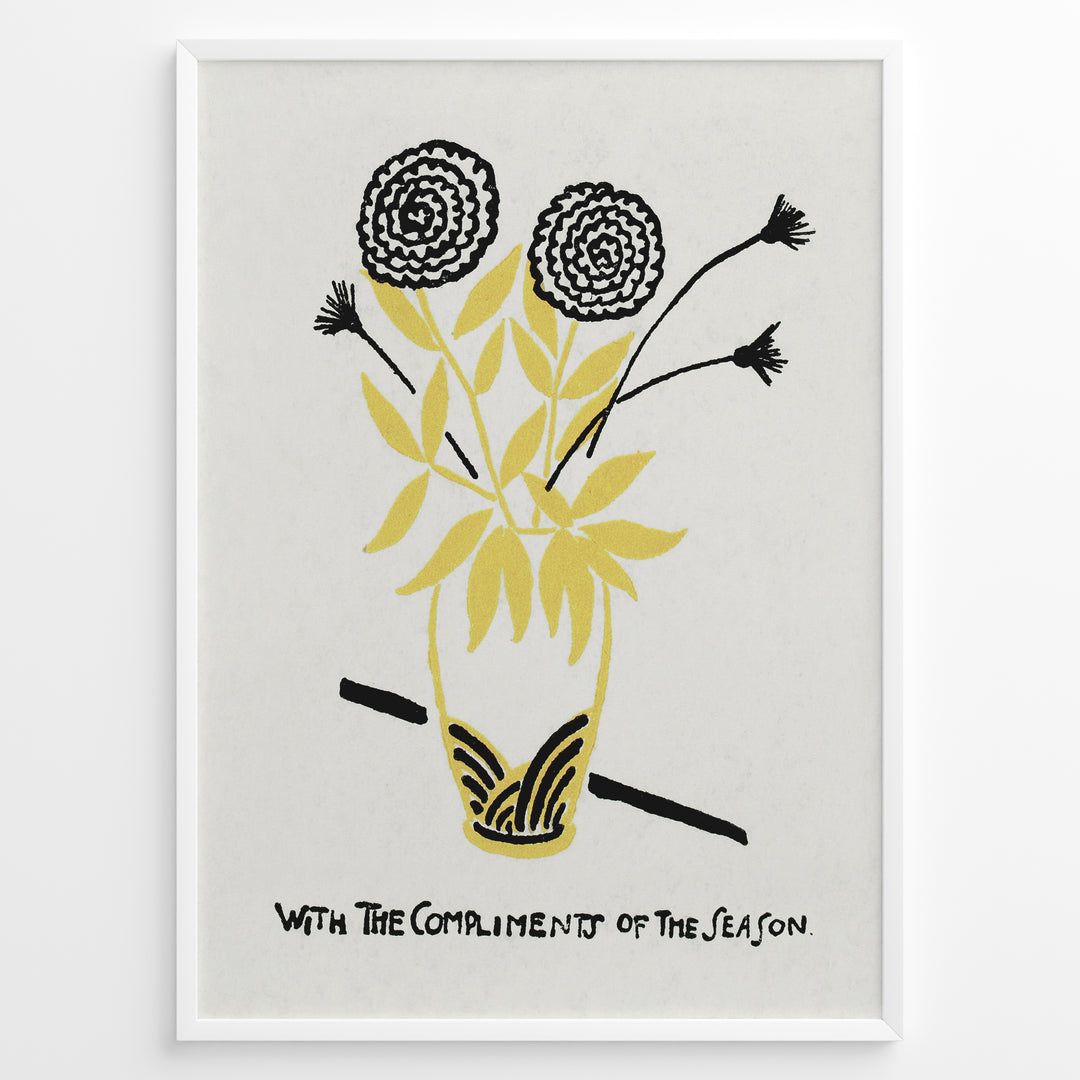 Framed vintage floral poster with black and yellow flowers in a vase and handwritten text reading “With the Compliments of the Season.”