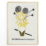 Load image into Gallery viewer, Framed vintage floral poster with black and yellow flowers in a vase and handwritten text reading “With the Compliments of the Season.”

