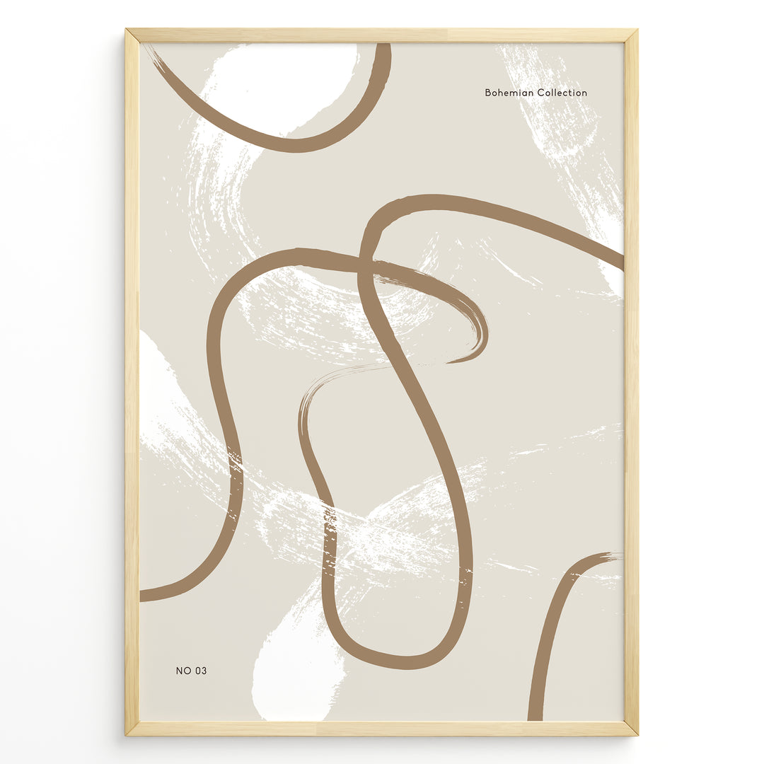 Framed abstract bohemian poster with beige background and smooth brown curved lines with white brush texture, minimalist wall art.
