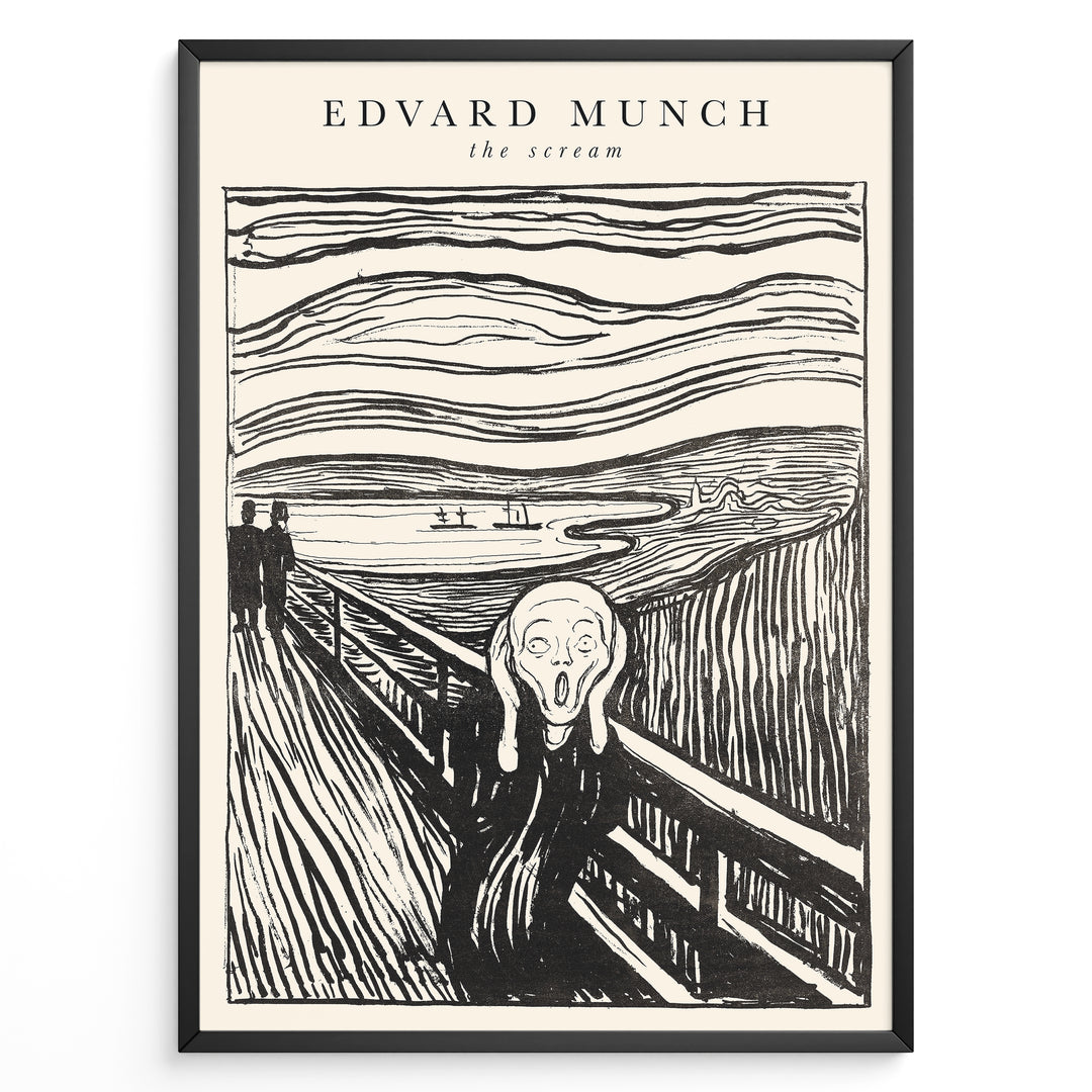 Framed black-and-white poster of Edvard Munch’s The Scream featuring a figure on a bridge with swirling sky lines.