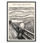 Load image into Gallery viewer, Framed black-and-white poster of Edvard Munch’s The Scream featuring a figure on a bridge with swirling sky lines.
