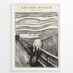 Load image into Gallery viewer, Framed black-and-white poster of Edvard Munch’s The Scream featuring a figure on a bridge with swirling sky lines.
