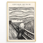Load image into Gallery viewer, Framed black-and-white poster of Edvard Munch’s The Scream featuring a figure on a bridge with swirling sky lines.
