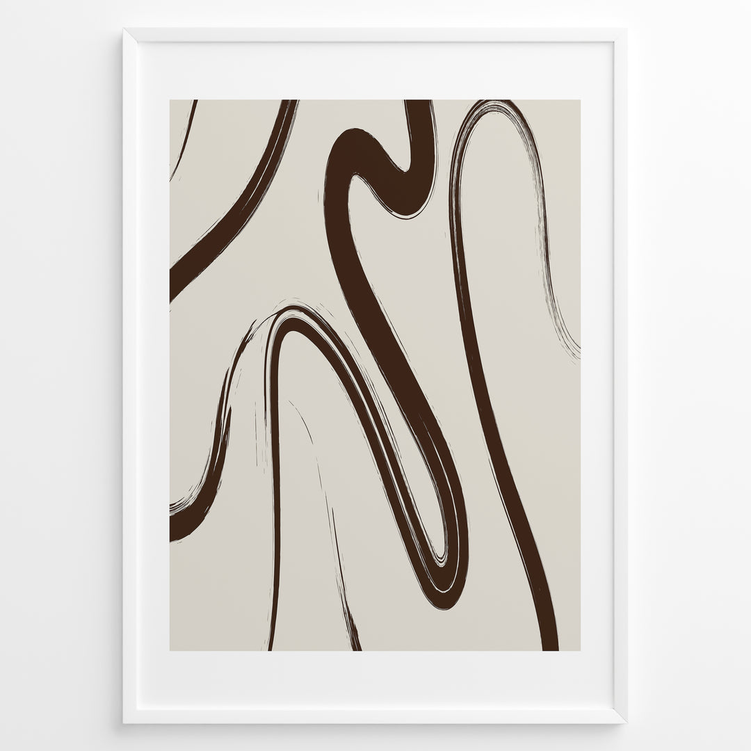 Framed abstract line art poster with fluid brown brush strokes on a light beige background in a minimalist modern style.