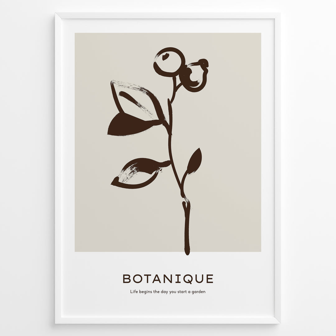 Framed minimalist botanical poster with dark brown hand-drawn plant on a beige background and the word “Botanique” written below.