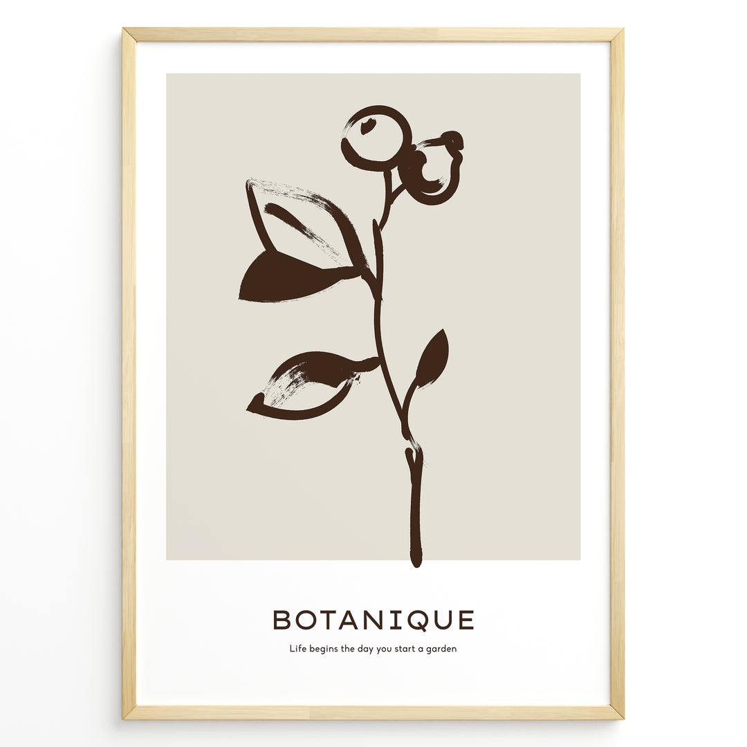 Framed minimalist botanical poster with dark brown hand-drawn plant on a beige background and the word “Botanique” written below.