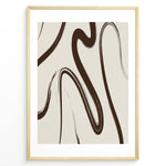 Load image into Gallery viewer, Framed abstract line art poster with fluid brown brush strokes on a light beige background in a minimalist modern style.
