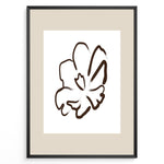 Load image into Gallery viewer, Framed minimalist abstract flower line art poster with a single brown floral outline on a white and beige background.
