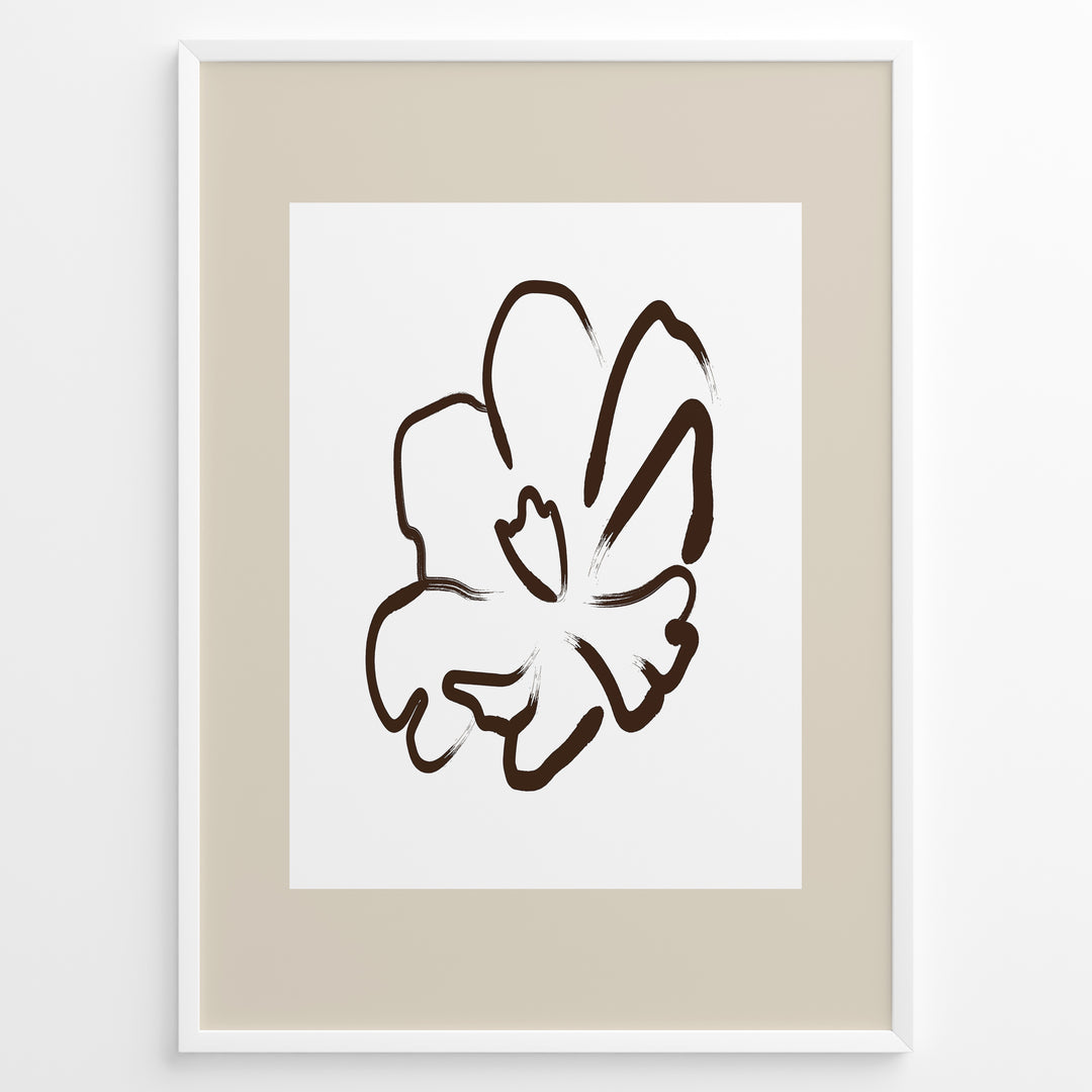 Framed minimalist abstract flower line art poster with a single brown floral outline on a white and beige background.