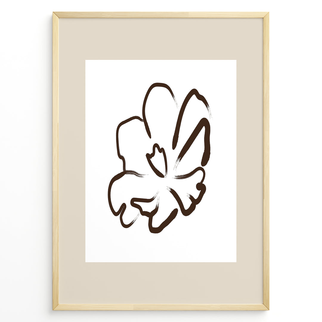 Framed minimalist abstract flower line art poster with a single brown floral outline on a white and beige background.