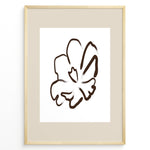 Load image into Gallery viewer, Framed minimalist abstract flower line art poster with a single brown floral outline on a white and beige background.
