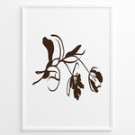 Load image into Gallery viewer, Framed minimalist botanical poster featuring abstract brown flower and leaf line art on a clean white background.
