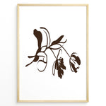 Load image into Gallery viewer, Framed minimalist botanical poster featuring abstract brown flower and leaf line art on a clean white background.
