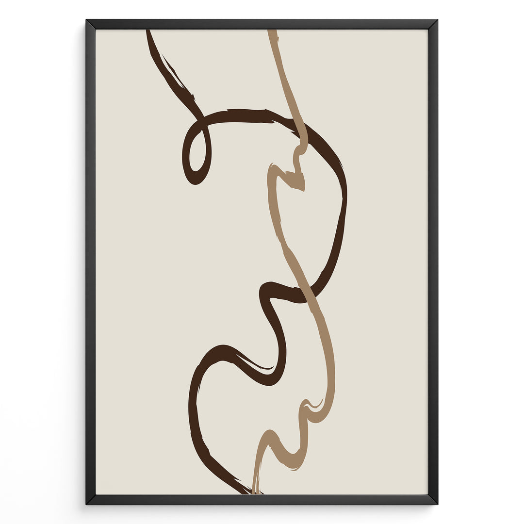 Framed minimalist abstract poster featuring fluid brown and beige curved lines on a soft neutral background.
