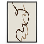 Load image into Gallery viewer, Framed minimalist abstract poster featuring fluid brown and beige curved lines on a soft neutral background.
