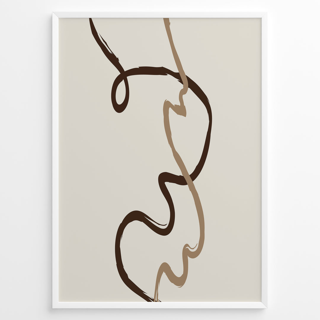 Framed minimalist abstract poster featuring fluid brown and beige curved lines on a soft neutral background.
