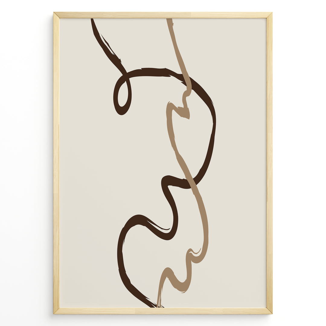 Framed minimalist abstract poster featuring fluid brown and beige curved lines on a soft neutral background.