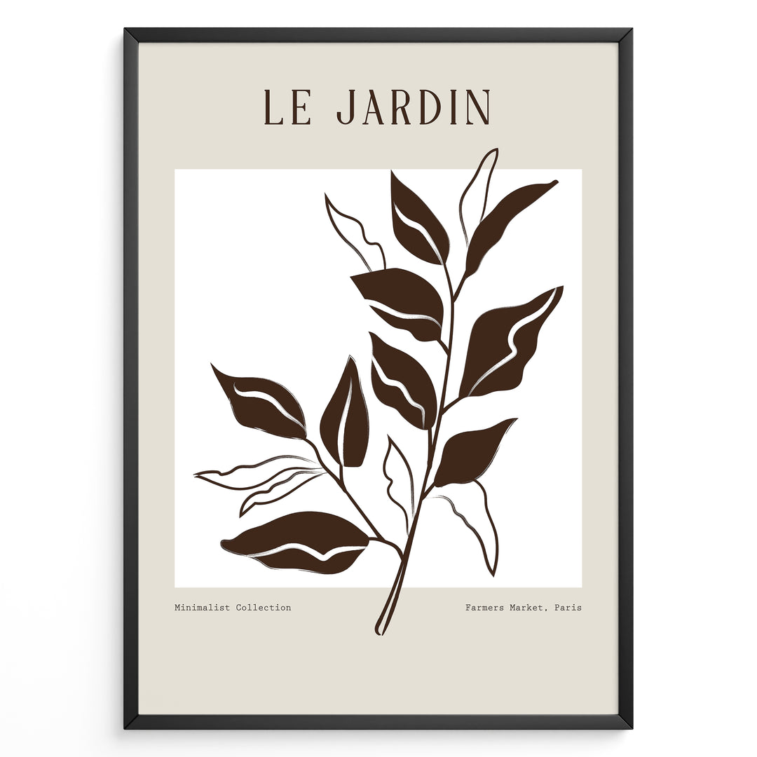 Framed minimalist poster titled “Le Jardin” featuring brown botanical leaf line art on a soft beige and white background.
