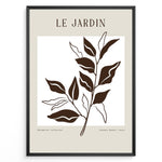 Load image into Gallery viewer, Framed minimalist poster titled “Le Jardin” featuring brown botanical leaf line art on a soft beige and white background.

