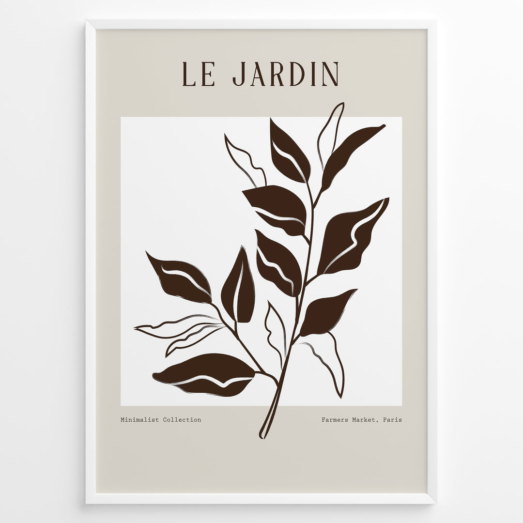 Framed minimalist poster titled “Le Jardin” featuring brown botanical leaf line art on a soft beige and white background.