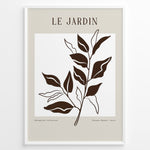 Load image into Gallery viewer, Framed minimalist poster titled “Le Jardin” featuring brown botanical leaf line art on a soft beige and white background.
