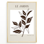 Load image into Gallery viewer, Framed minimalist poster titled “Le Jardin” featuring brown botanical leaf line art on a soft beige and white background.
