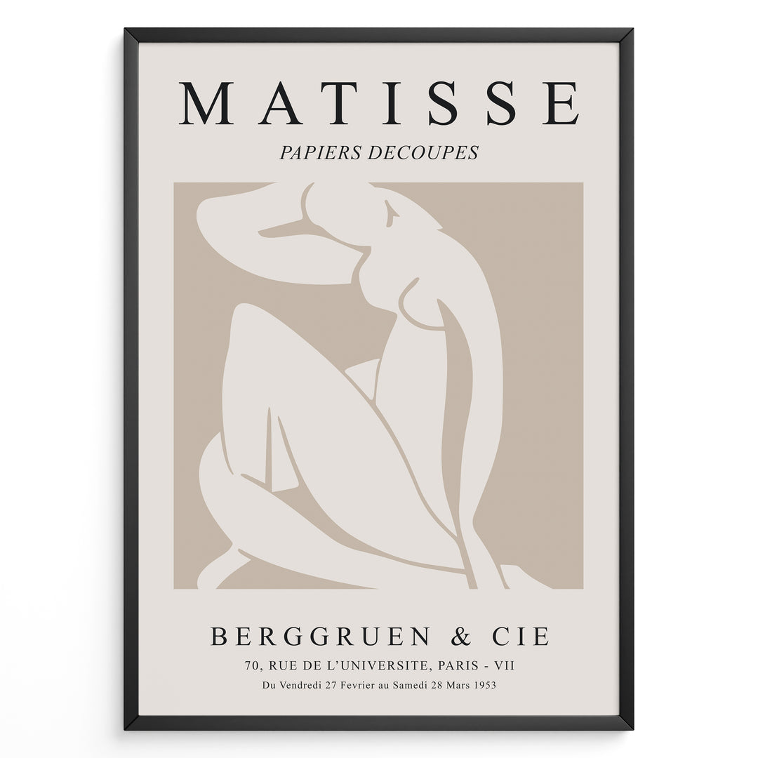 Framed Matisse Papiers Decoupés poster featuring abstract nude figure artwork in beige and white with French exhibition text.