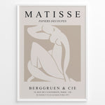 Load image into Gallery viewer, Framed Matisse Papiers Decoupés poster featuring abstract nude figure artwork in beige and white with French exhibition text.
