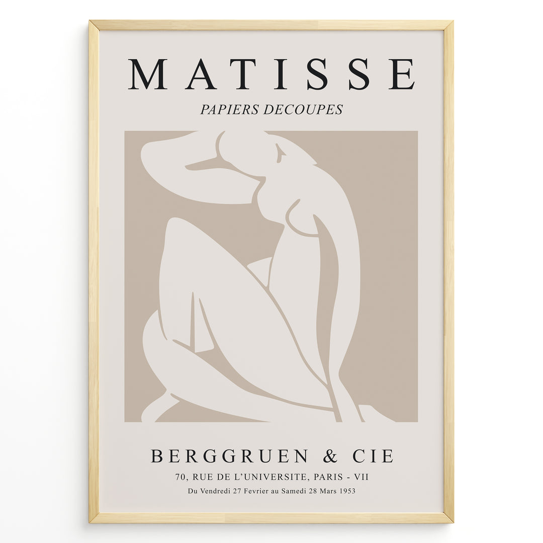 Framed Matisse Papiers Decoupés poster featuring abstract nude figure artwork in beige and white with French exhibition text.