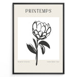 Load image into Gallery viewer, Framed minimalist “Printemps” poster featuring black line art of a blooming flower on a white and beige background.
